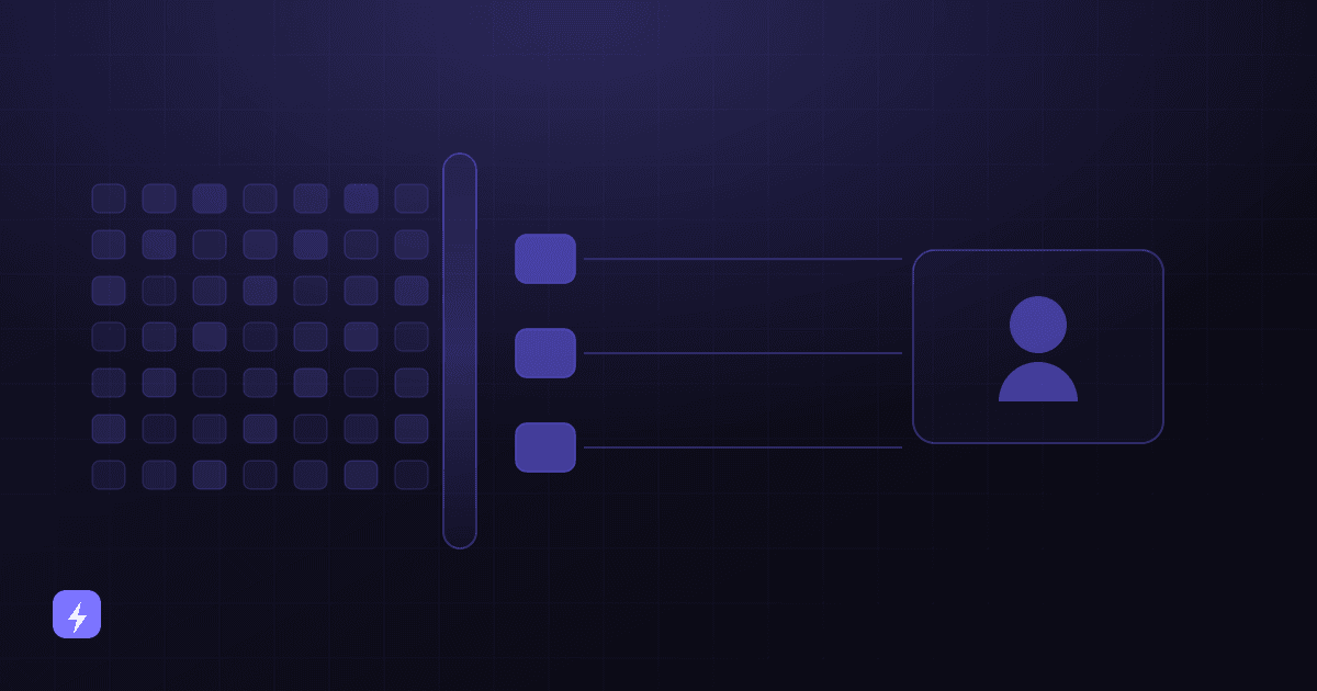 A field of small identical task tiles flowing into a horizontal automation band that absorbs most of them, while a few larger tiles pass through the band and continue to a human figure.